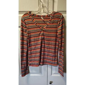 VTG Mudd Striped Ribbed Knit Top Medium Red Blue Henly V-Neck Long Sleeve